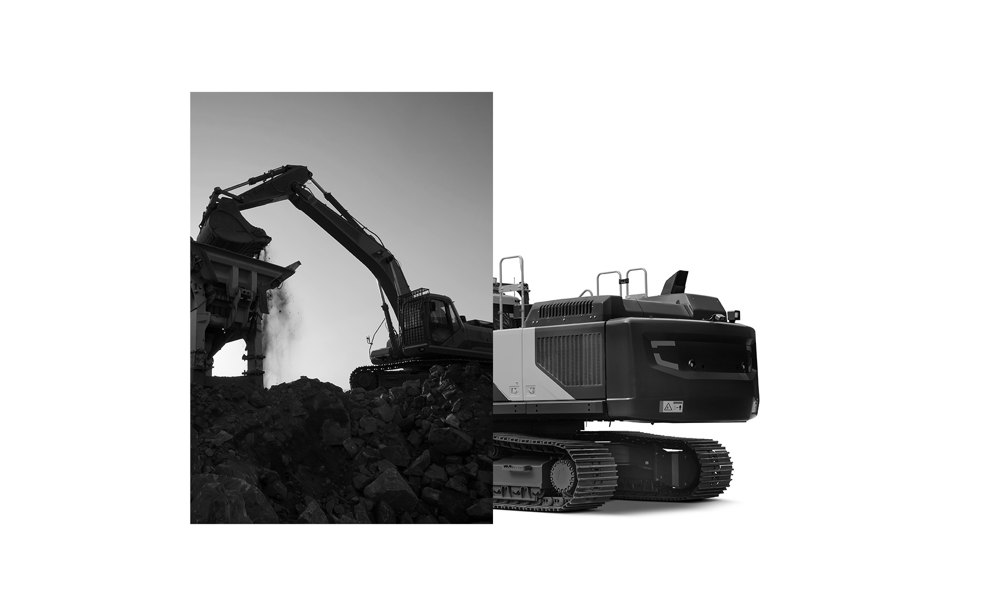 Op deze combinatie foto zien we links een graafmachine aan het werk. rechts zien we een close up van de contragegewichten waarbij de blindklinkmoeren van Dejond zijn gebruikt.