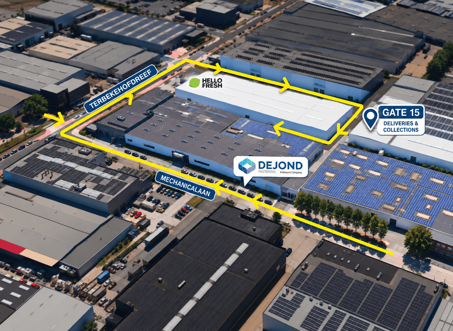 Route naar Gate 15 via Terbekehofdreef en Mechanicalaan, met HelloFresh en Dejond Fastening als herkenningspunten